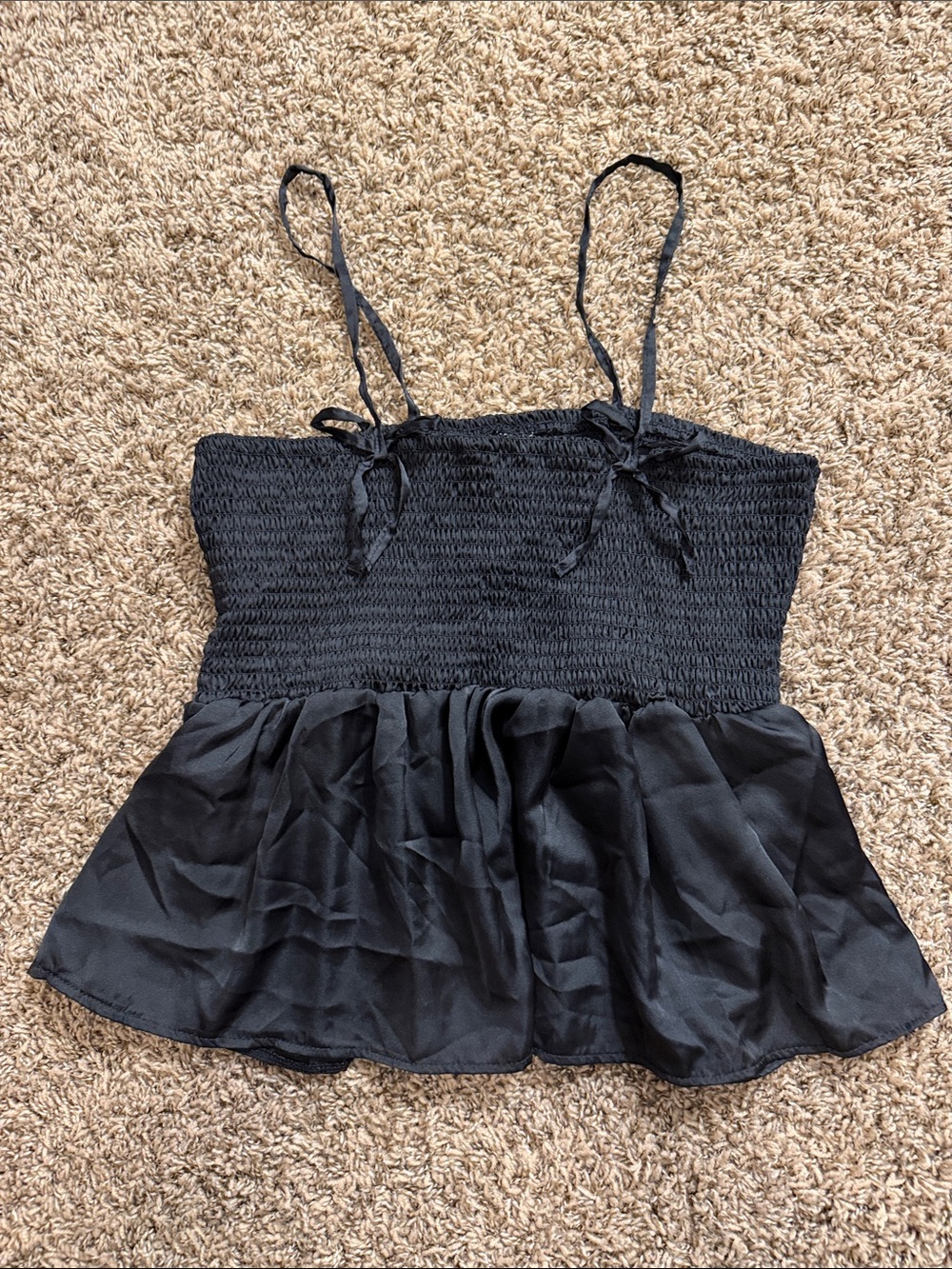 Source Unknown Black Smocked Peplum Cami with Tie Straps